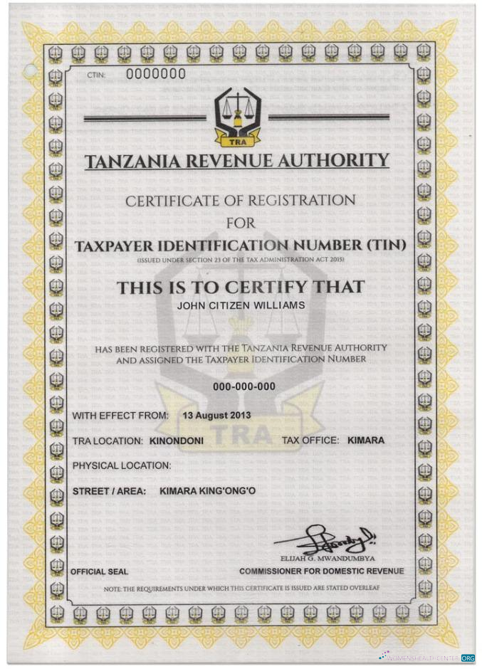 Download TANZANIA taxpayer identification number (TIN) registration certificate Photoshop template